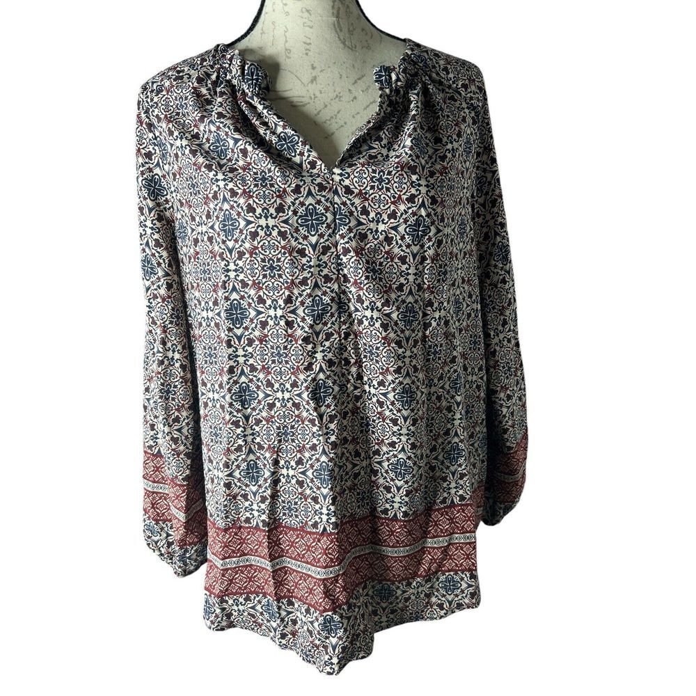 Pleione Top Womens Peasant Blouse Geometric Size Medium